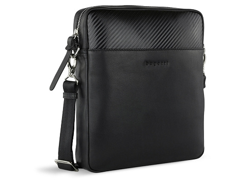 Сумка наплечная мужская BUGATTI КОМЕТА | COMET, чёрная, воловья кожа/полиэстер, 23,5х5х26 см