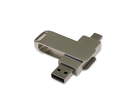 USB 2.0- флешка на 64 Гб поворотный механизм 2 в 1, c дополнительным разъемом Type-C с одноцветным металлическим клипом, серый