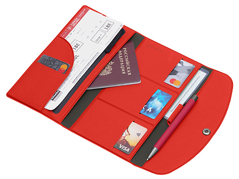 Органайзер для документов на кнопке с отделением для купюр и ручки, упаковка в индивидуальный пакет, красный/серый - рис 2.