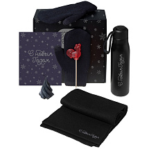 Подарочный набор с варежками, шарфом и термосом, черный