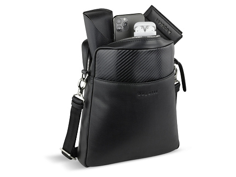 Сумка наплечная мужская BUGATTI КОМЕТА | COMET, чёрная, воловья кожа/полиэстер, 23,5х5х26 см - рис 5.