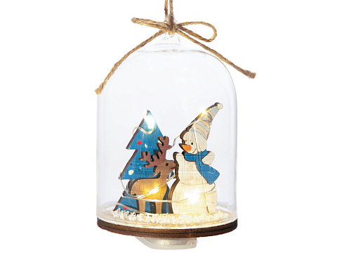 Новогоднее украшение Снеговик в колбе из древесины тополя и стекла, со светодиодной подсветкой, в комплекте с 2-мя батарейками CR2032, мощностью 0,06 Вт, напряжением 3В / 11x7см - рис 2.