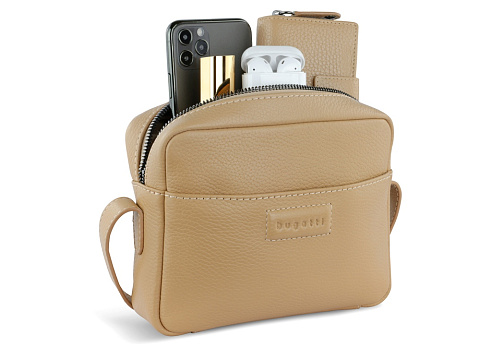 Сумка кросс-боди женская BUGATTI ЭЛЬЗА | ELSA, песочного цвета, воловья кожа/полиэстер, 19х5,5х14 см - рис 10.
