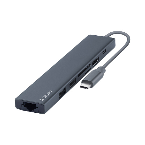 USB Type-C хаб 7-в-1, HDMI, Power Delivery, 2xUSB 3.0, RJ45, microSD/SD, графит, Deppa - рис 2.
