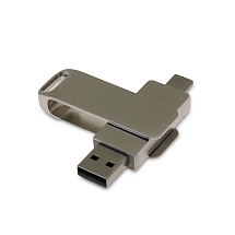 USB 3.0- флешка на 64 Гб поворотный механизм 2 в 1, c дополнительным разъемом Type-C с одноцветным металлическим клипом, серый