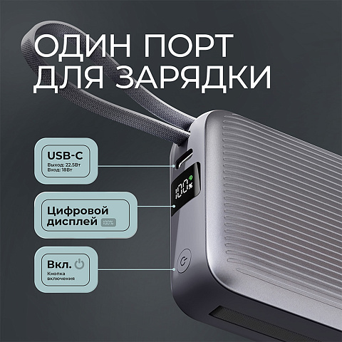 Внешний АКБ NRG Turbo Cable 10000 mAh, 22,5Вт, графит, Deppa - рис 4.