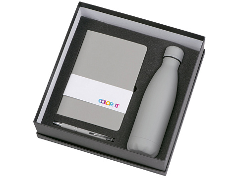 Подарочный набор с блокнотом С2, металлической ручкой и термобутылкой, серый - рис 2.