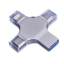 USB-флешка на 64 Гб 4 в 1 поворотный механизм, c дополнительными разъемами MicroUSB, TypeC и Lightning, серебристый