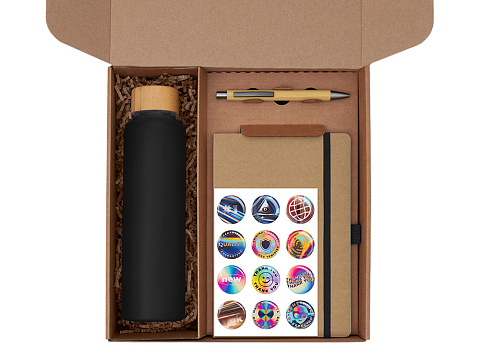 Подарочный набор с бутылкой для воды. блокнотом, ручкой и подставкой для телефона, черный - рис 2.