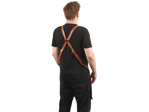 Фартук из натуральной кожи флотер  Материал: натуральная кожа КРС, цвет фартука: черный, цвет ремней: светлый бук, фурнитура из металлического сплава ЦАМ, цвет фурнитуры: антик, размер универсальный - рис 4.