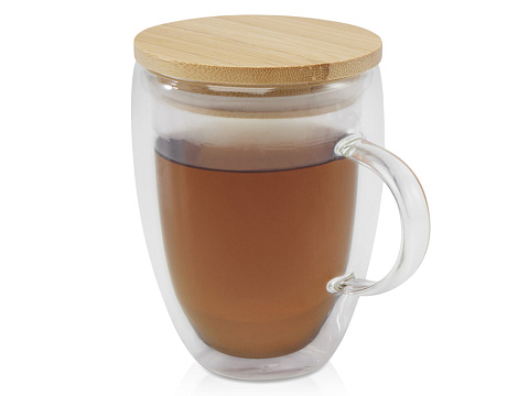 Стеклянная кружка Leona объемом 350 мл с бамбуковой крышкой - прозрачный